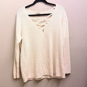 Cozy Casual Cream Ribbed Lace-Up V-Neck Top
